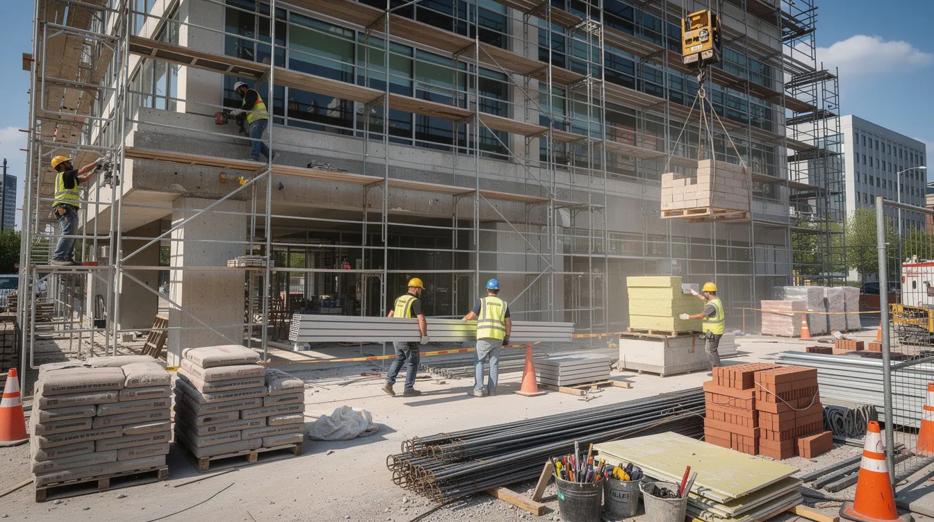 The image depicts construction workers actively engaged in a commercial building renovation, surrounded by scaffolding and various building materials. This scene highlights the ongoing efforts in commercial real estate development, where reliable funding from hard money lenders can facilitate projects like these through flexible financing solutions.