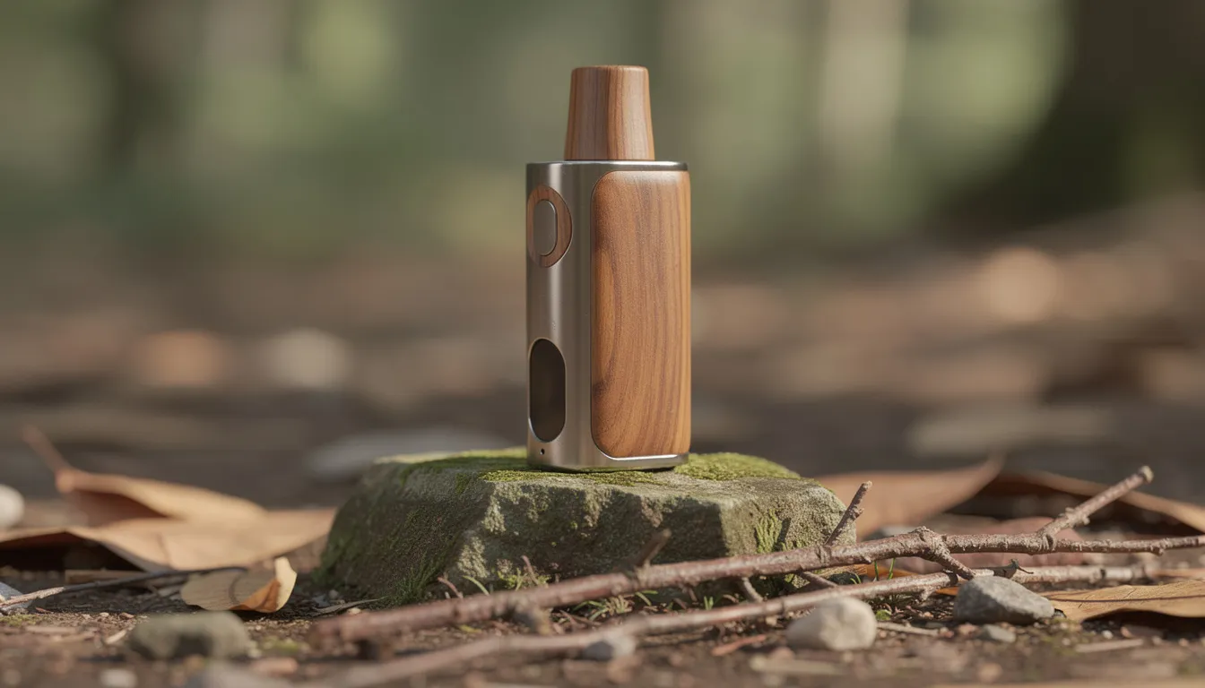Ein portabler Vaporizer, der mit eleganten Holzelementen verziert ist, liegt auf einem natürlichen Untergrund. Der Tinymight 2 bietet eine hochwertige Dampfqualität und ein durchdachtes Design, das sowohl Funktionalität als auch Ästhetik vereint.