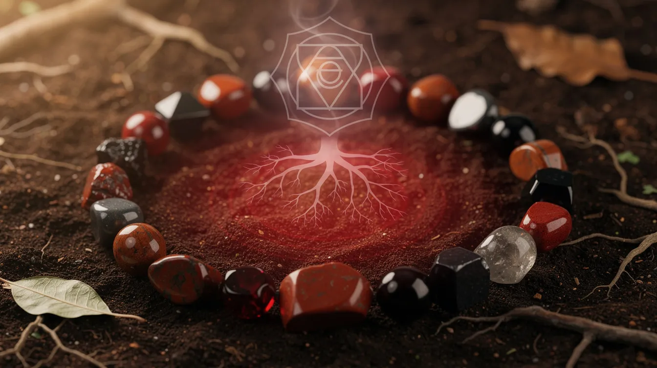 The image features a collection of root chakra stones, including red jasper and black tourmaline, which are known for their grounding and protective qualities. These root chakra gemstones, reflecting the root chakra color, are arranged to symbolize the balance and stability they bring to the energy center located at the base of the spine.