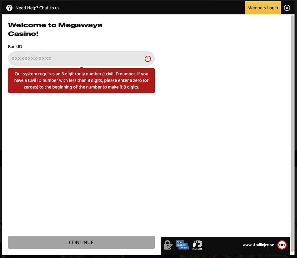 Registrering hos Megaways Casino med BankID för svenska spelare.