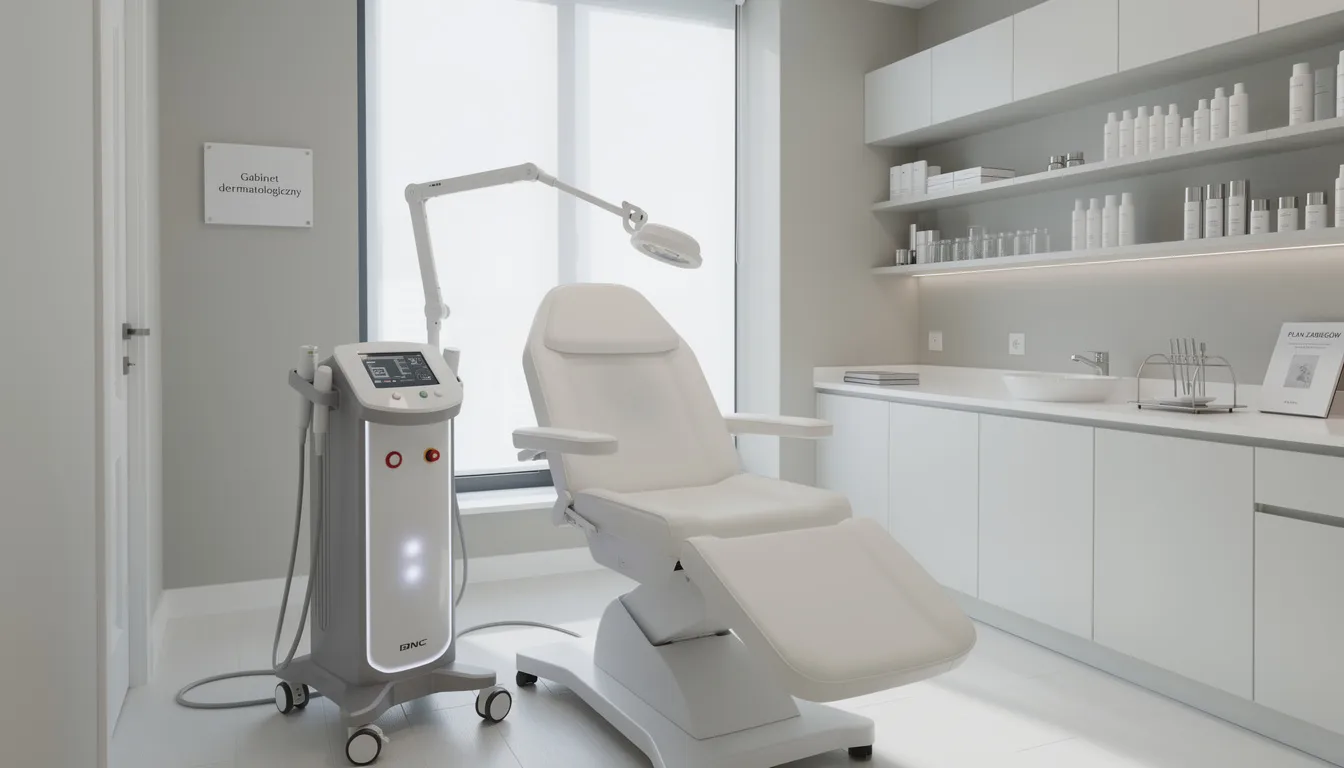 Wnętrze nowoczesnego gabinetu dermatologicznego, w którym znajduje się komfortowy fotel zabiegowy oraz różnorodne urządzenia do laserowego leczenia trądziku. Przestrzeń ta jest zaprojektowana z myślą o kompleksowym leczeniu zmian skórnych, w tym trądziku młodzieńczego i blizn potrądzikowych, zapewniając pacjentom odpowiednie warunki do poprawy ogólnej kondycji skóry.
