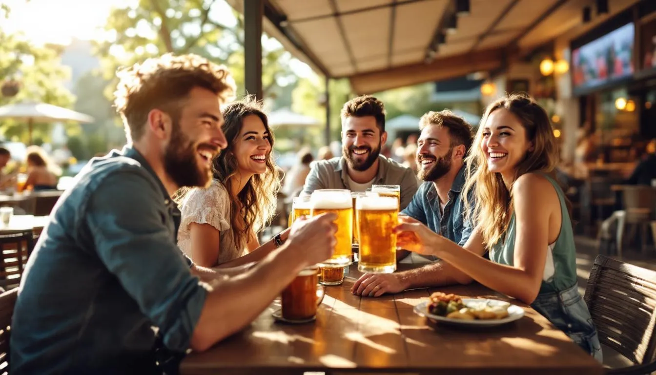 A group of friends joyfully raises their beer glasses in celebration at an outdoor restaurant in Gdansk, surrounded by colorful buildings and a vibrant atmosphere. This lively scene captures the spirit of a Gdansk stag weekend, perfect for enjoying traditional Polish food and local breweries.