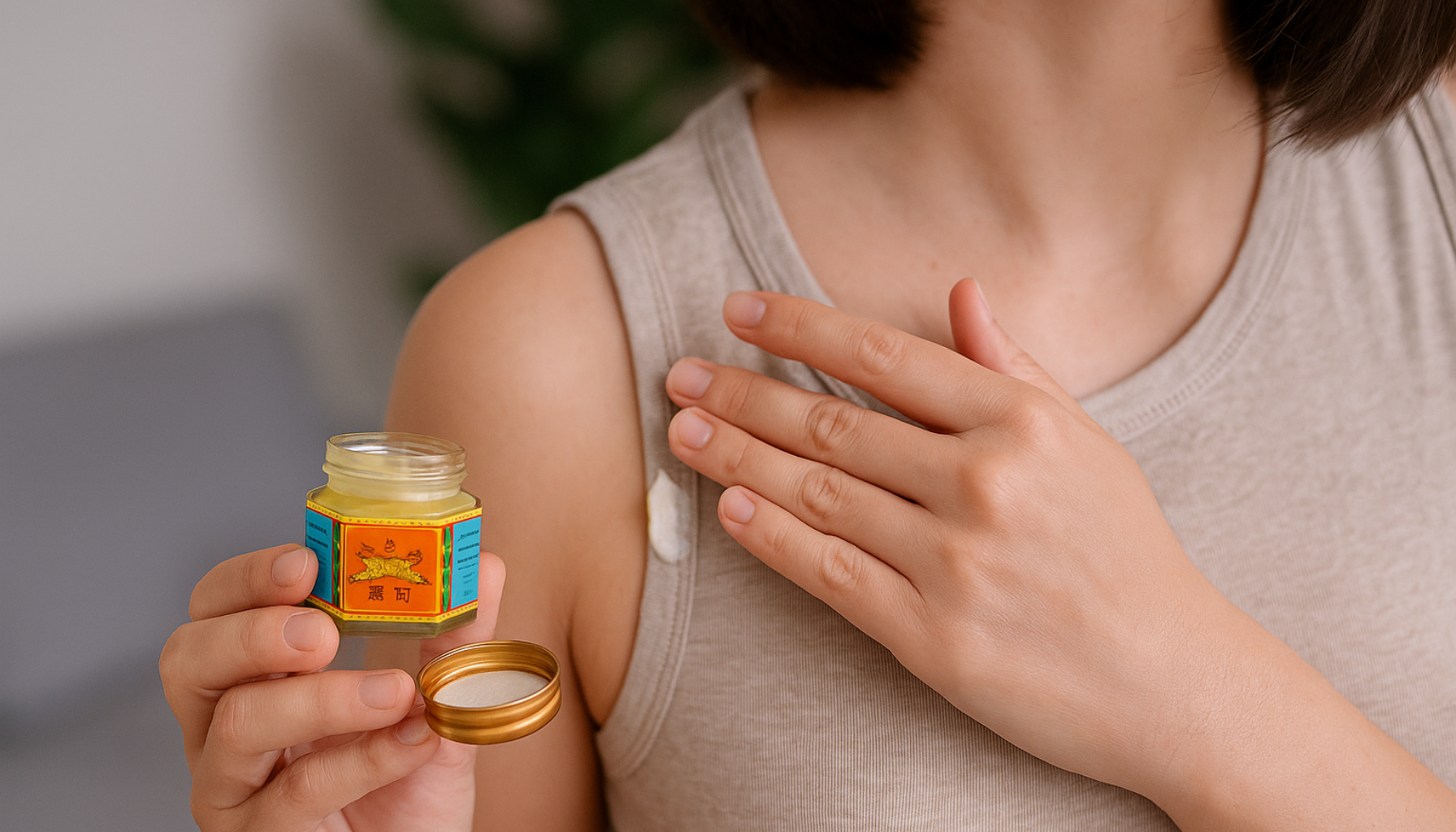 Person påfører tigerbalsam på skulderen for lindring av muskelsmerter i et rolig hjemmemiljø.