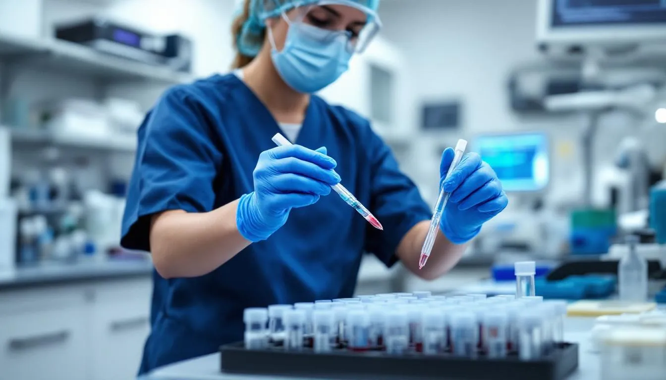 A veterinary technician is seen preparing blood samples in a clinical laboratory setting, focusing on pancreatic enzyme testing to diagnose pancreatitis in dogs. This process is crucial for identifying conditions like acute and chronic pancreatitis, which can lead to serious complications if not treated promptly.
