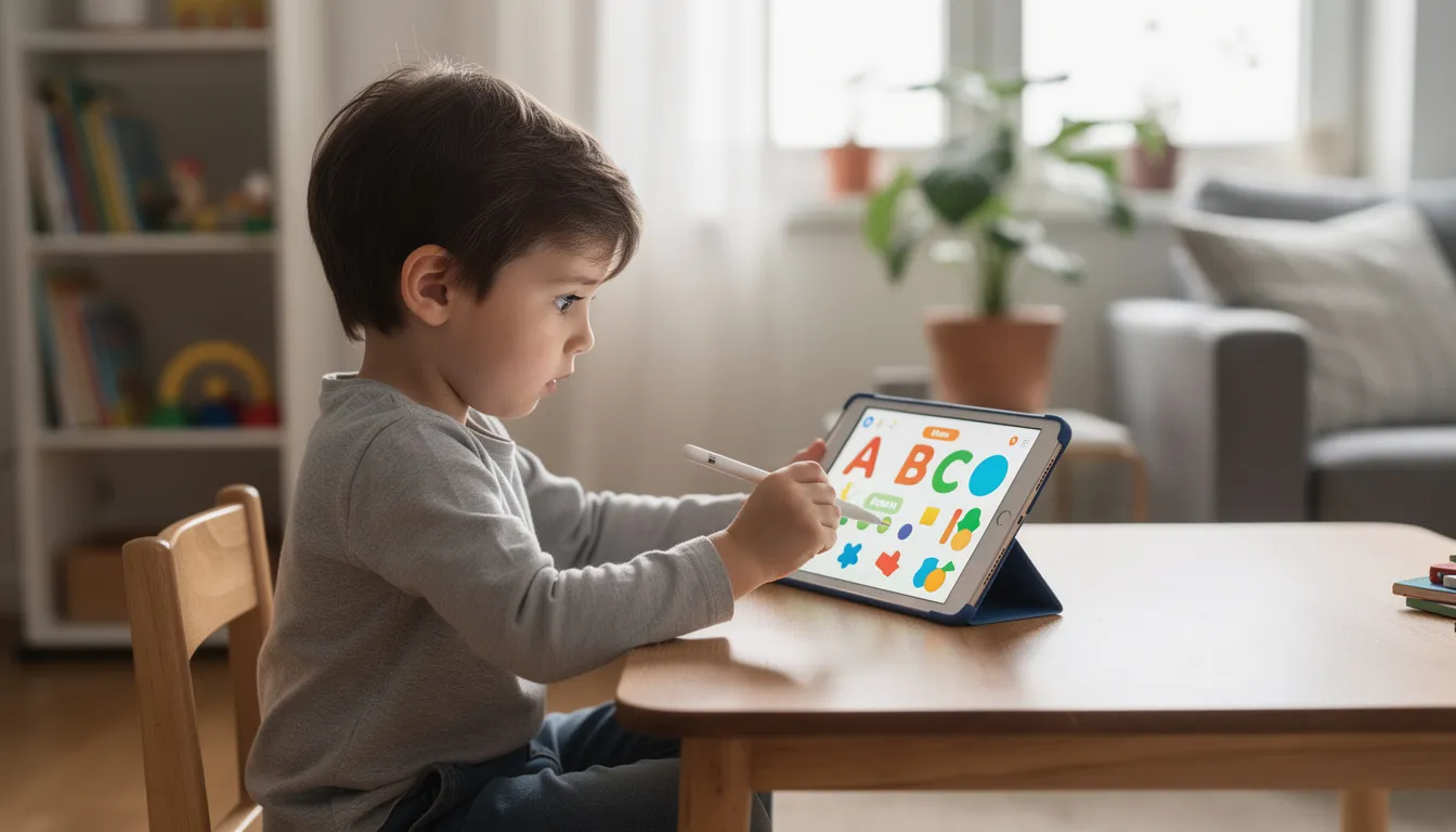 Ein Kind sitzt an einem Tisch und lernt mit einem iPad, das verschiedene Lerninhalte und Übungen für die Online-Bildung bietet. Die Szene zeigt, wie moderne e-Learning-Methoden genutzt werden, um Wissen spielerisch zu vermitteln.