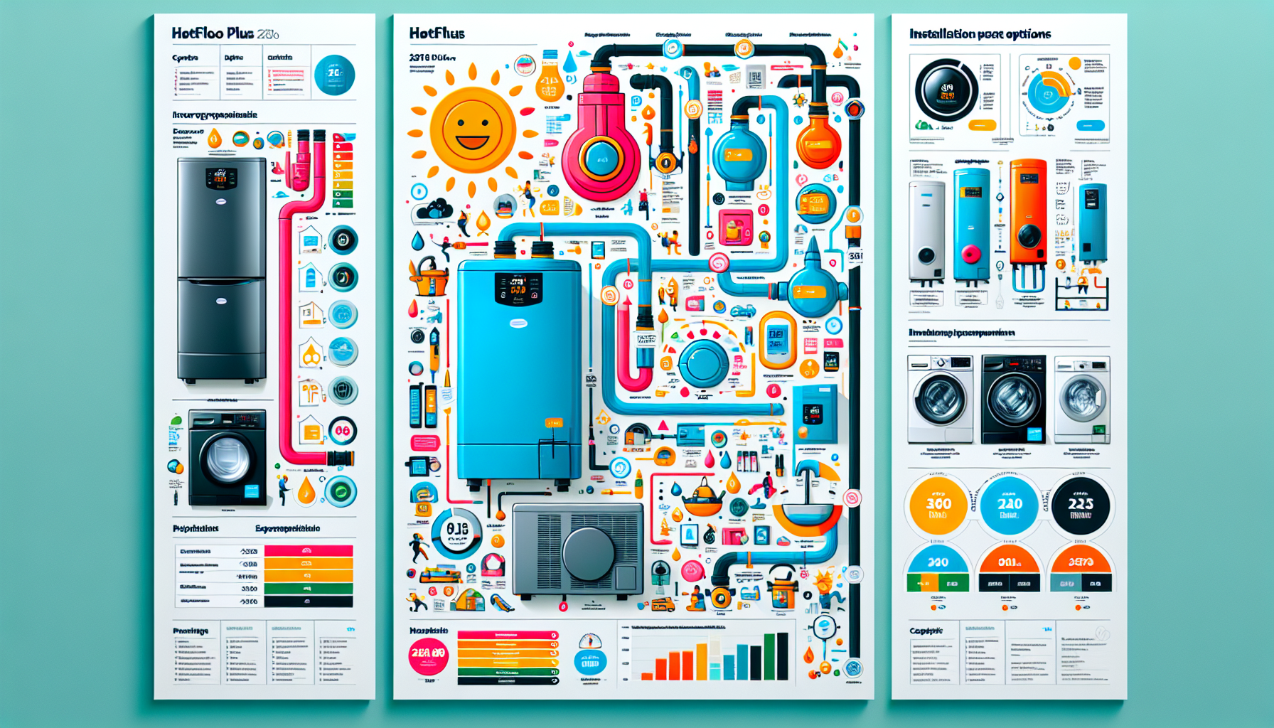 A comparison chart of different hot water systems including the Rinnai Hotflo Plus 250L.