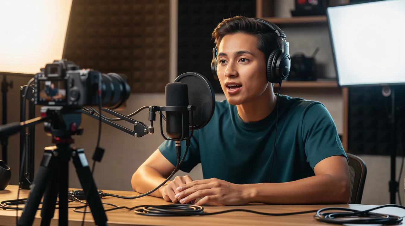 A podcast host is seated in front of a camera and microphone, actively recording a video podcast episode, with bright studio lights illuminating the space in the background. The setup showcases professional video podcast equipment, emphasizing the production quality essential for creating engaging audio and video content. A podcast host is seated in front of a camera and microphone, actively recording a video podcast episode, with bright studio lights illuminating the space in the background. The setup showcases professional video podcast equipment, emphasizing the production quality essential for creating engaging audio and video content.