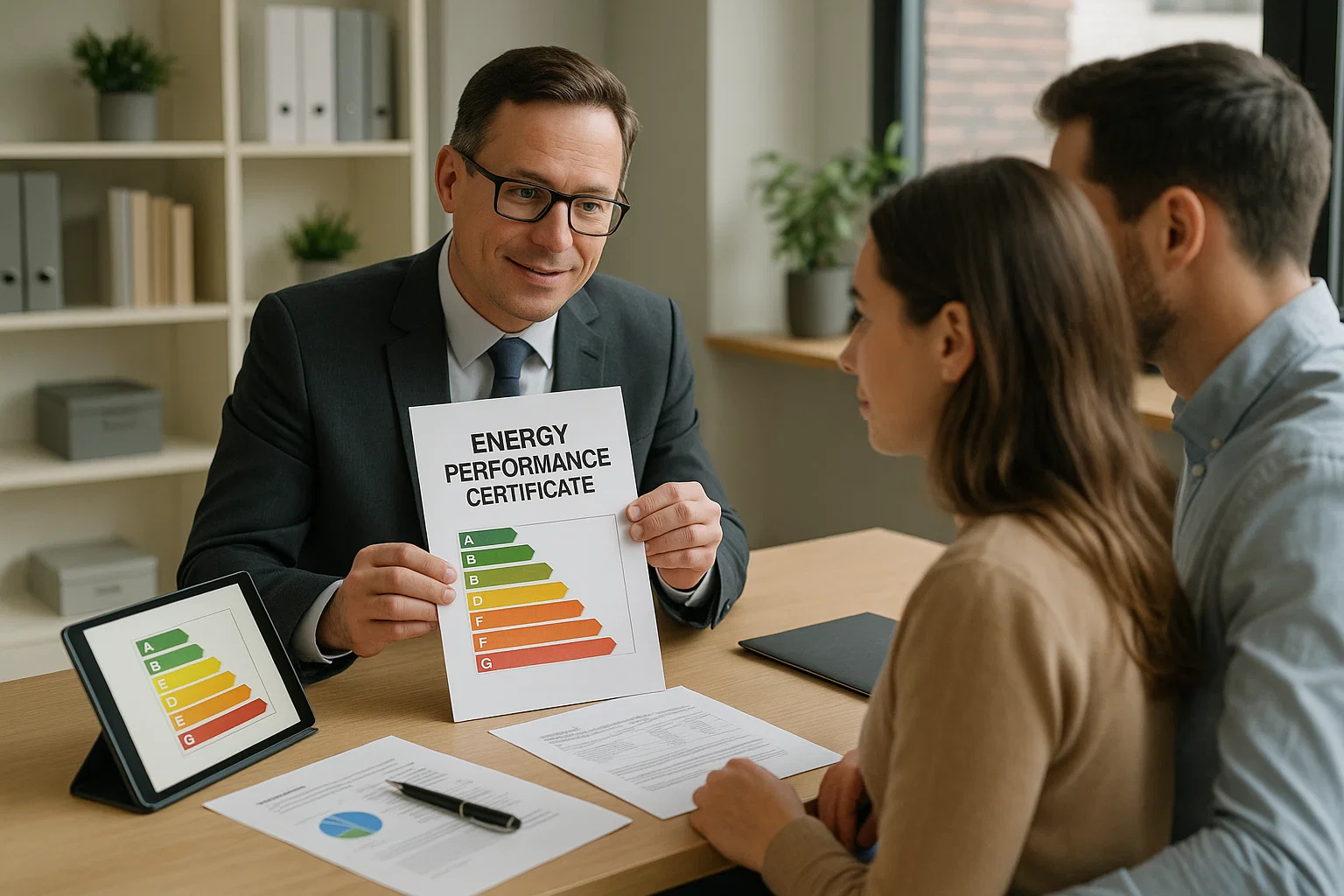 Mortgage adviser discussing energy performance and sustainability criteria with clients applying for a green mortgage.