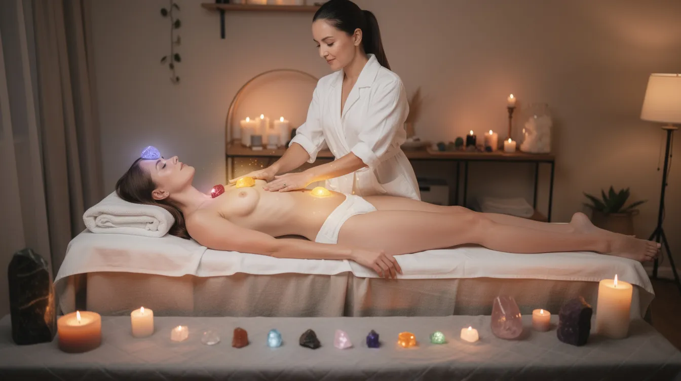 The image depicts a Reiki practitioner gently placing various crystals on a client's body during a reiki crystal healing session, emphasizing the integration of healing energy and the alignment with energy centres like chakras. This holistic approach aims to balance the client's physical and emotional well-being, promoting deep relaxation and inner peace.
