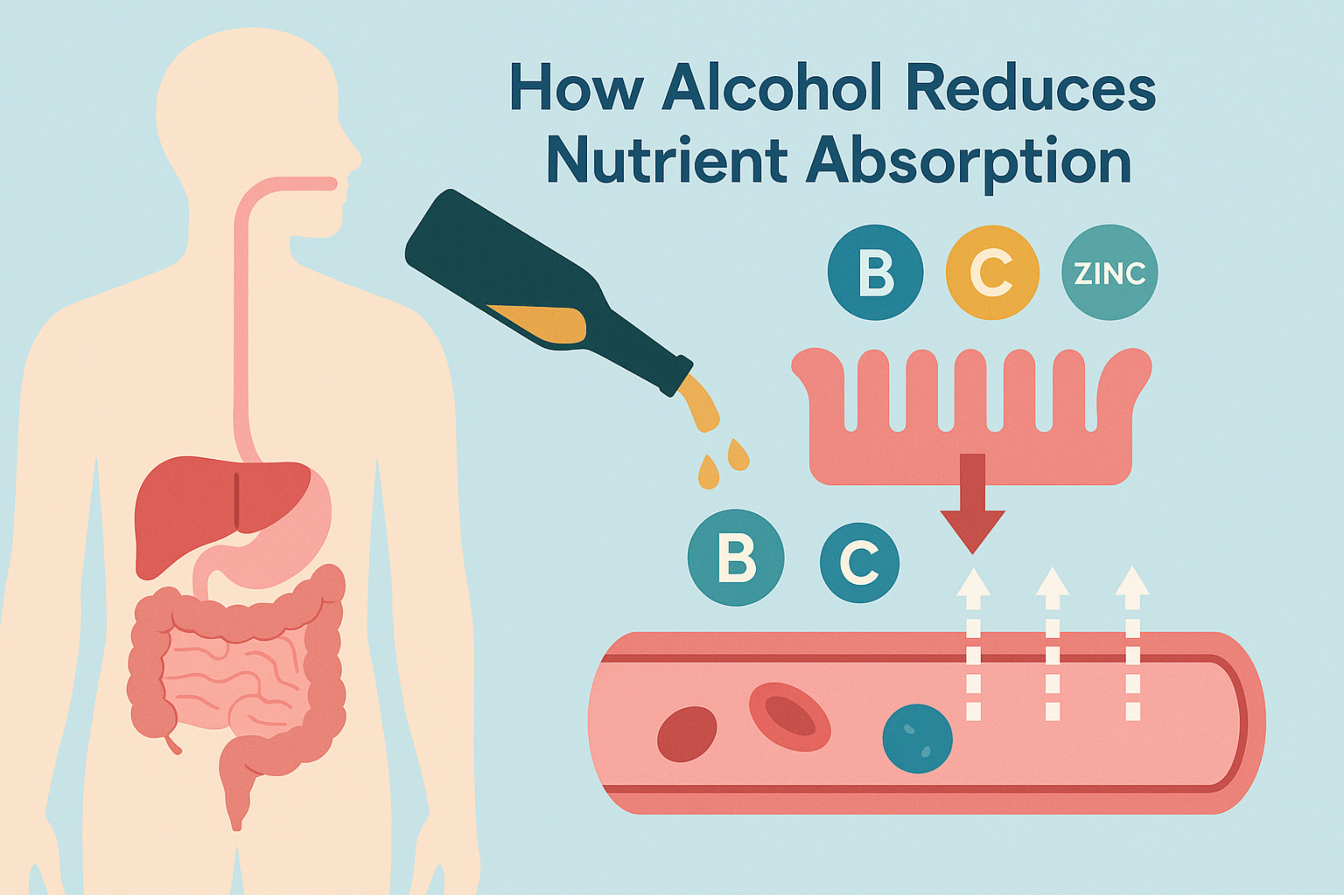 Illustration of alcohol entering the digestive tract, showing reduced intestinal absorption and vitamins being blocked from entering the bloodstream.