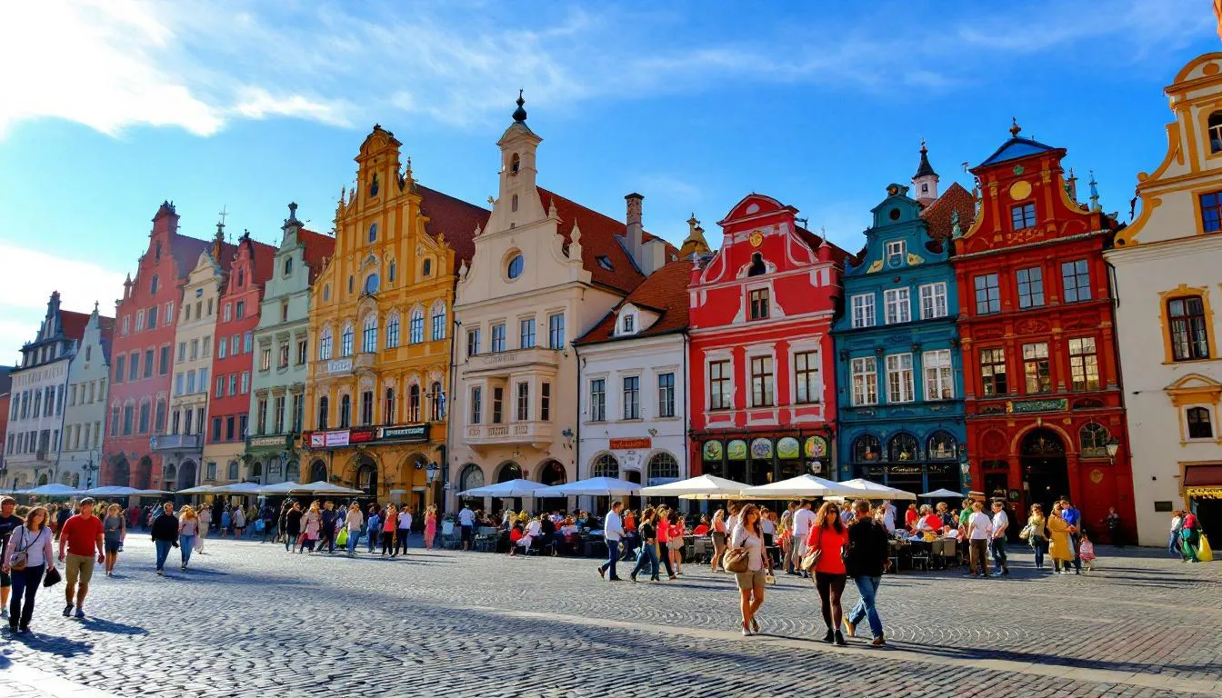 The image depicts the historic market square in Krakow, featuring colorful buildings and a lively atmosphere with people walking around. This vibrant old town is a popular destination for incentive trips in Poland, offering an unforgettable experience filled with culture and history.