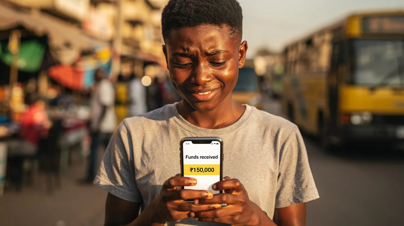 A young person in Nigeria smiles while looking at their smartphone, having just received funds in their bank account. The expression of satisfaction indicates a successful transfer, highlighting the ease of sending money from Ghana to Nigeria.