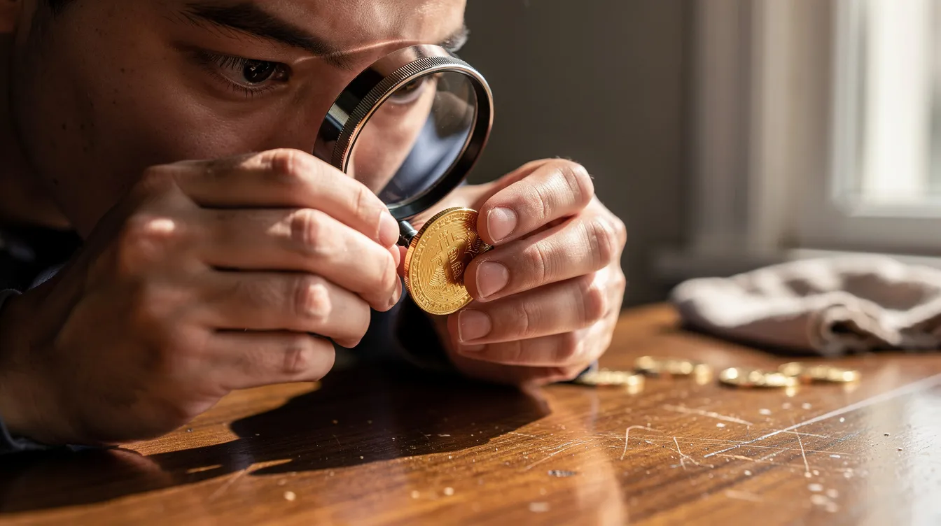 A person is intently examining a gold coin using a jeweler's loupe while seated at a wooden desk, highlighting the importance of understanding precious metals prices for informed investment decisions. The scene emphasizes the meticulous nature of evaluating physical gold in the context of current market conditions.