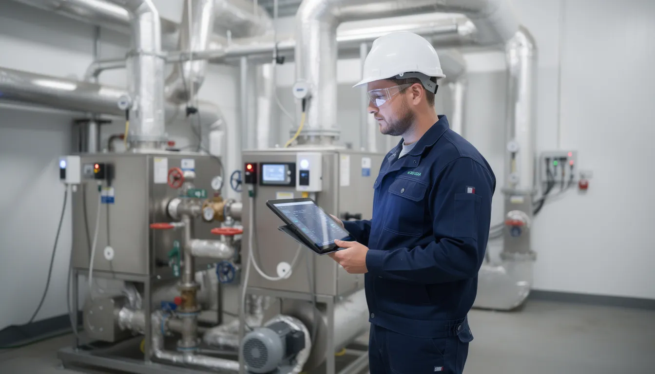 A professional engineer is seen commissioning a new commercial heating system, surrounded by various plant room equipment and commercial boilers. The engineer, equipped with extensive experience, is ensuring the reliable operation and safety of the heating system for a commercial premises, highlighting the importance of efficient maintenance and installation.
