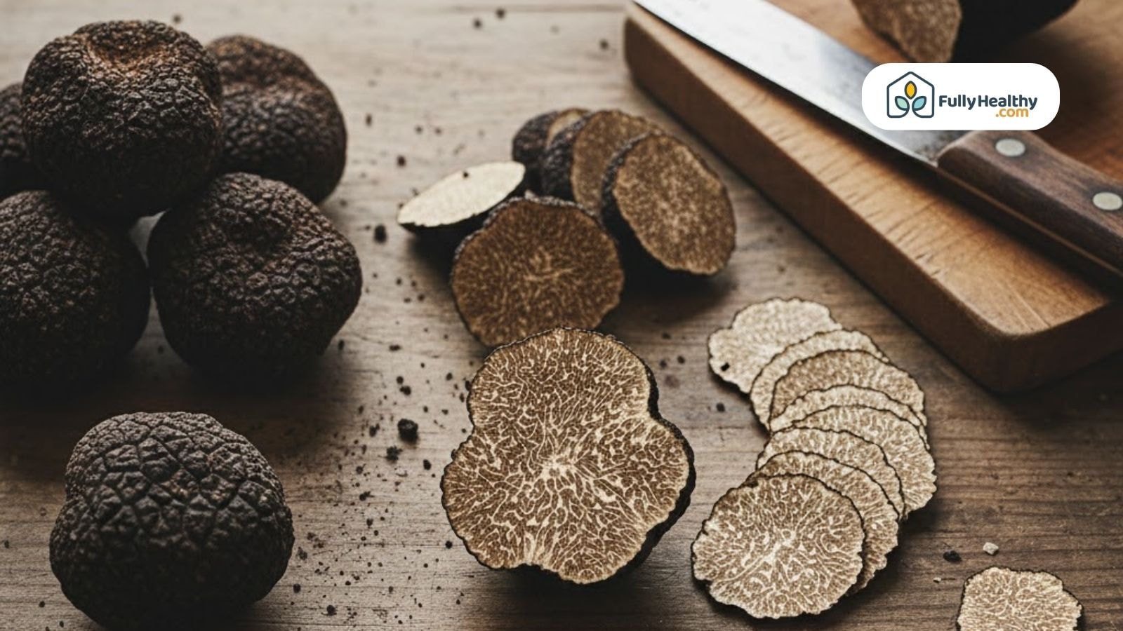 Whole and sliced black truffles on a wooden board beside a chef’s knife.