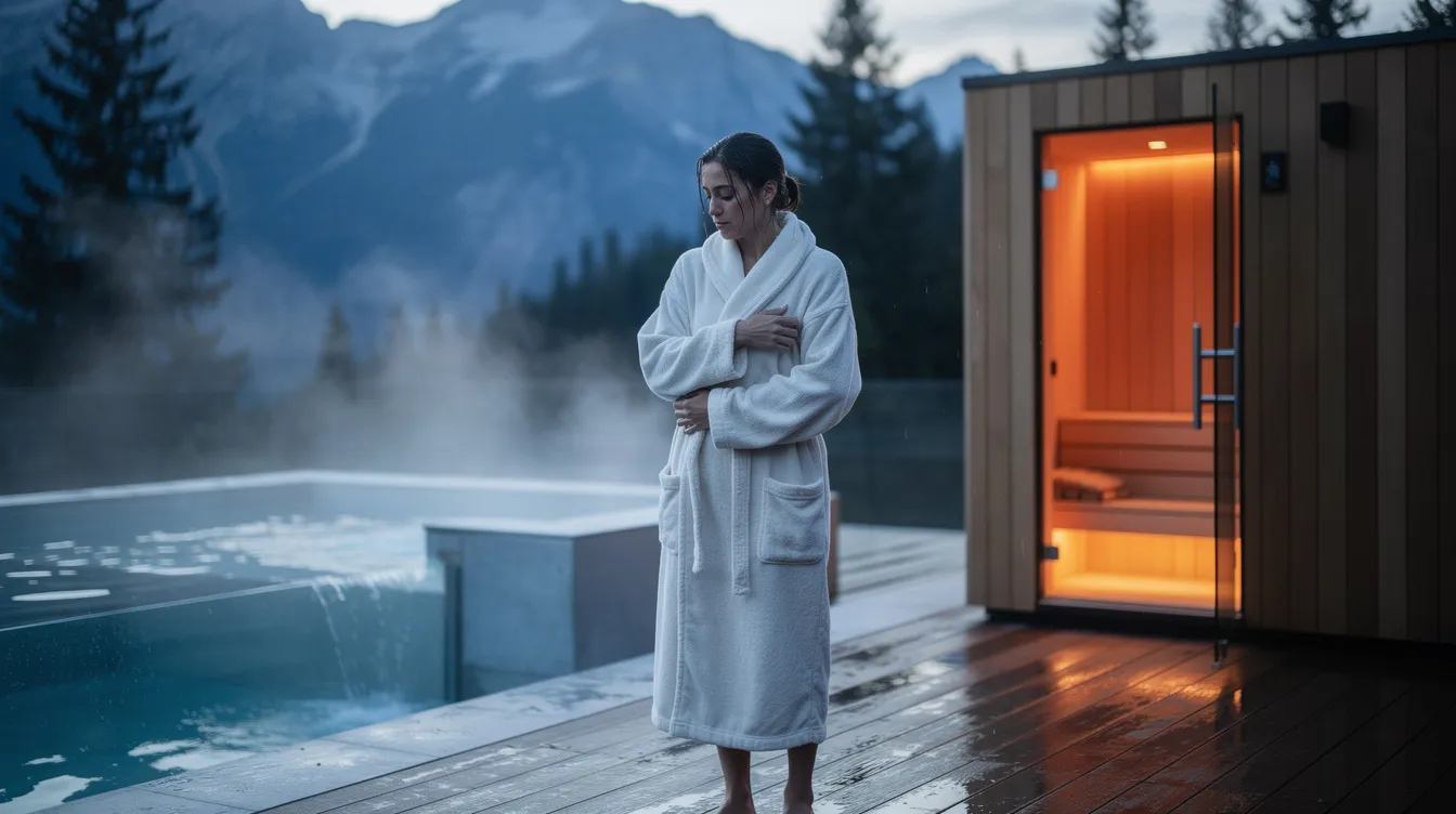 Person preparing for cold plunge near outdoor sauna deck