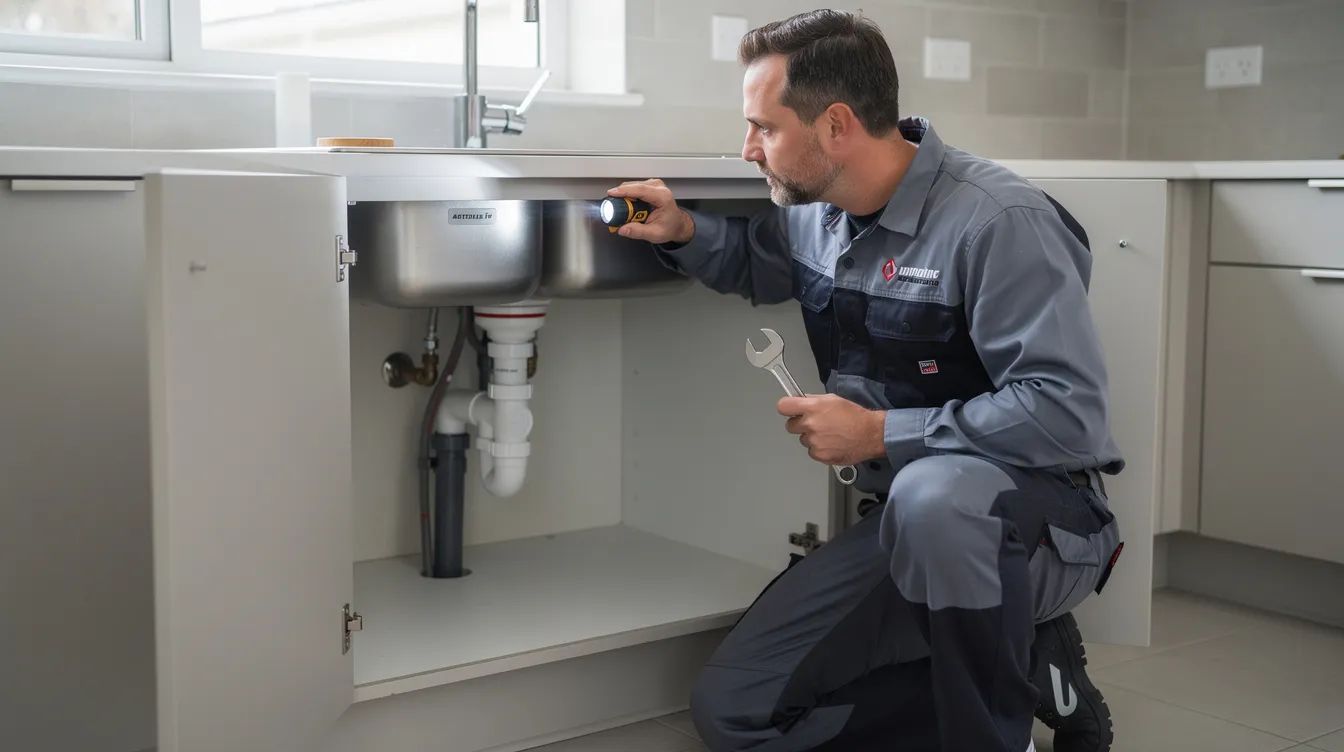 A professional plumber in work gear is inspecting pipes under a kitchen sink, using a flashlight and a wrench to check for any signs of a burst pipe or leaks. The plumber is focused on identifying potential issues in the plumbing system to prevent further damage and ensure proper water flow.