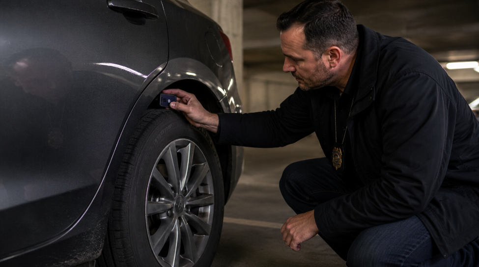 Law enforcement officer discreetly installing GPS tracking device on suspect vehicle wheel well during slap-and-track surveillance operation