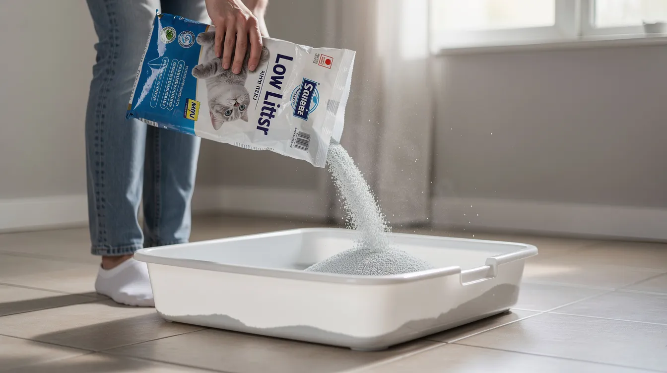 A person is pouring low-dust cat litter into a clean litter box, ensuring a paw-friendly texture for their cat. This lightweight, clumping litter helps control odors while minimizing dust, making it a great choice for pet parents.