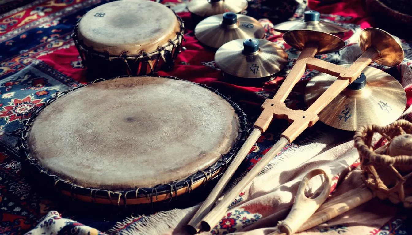 A vibrant collection of traditional Moroccan percussion instruments, including frame drums and hand cymbals, is beautifully arranged on colorful carpets, showcasing the rich heritage of Moroccan music and culture. The scene evokes the lively sounds of folk music, inviting the viewer to imagine the rhythmic beats and haunting melodies played by professional musicians during celebrations and ceremonies.