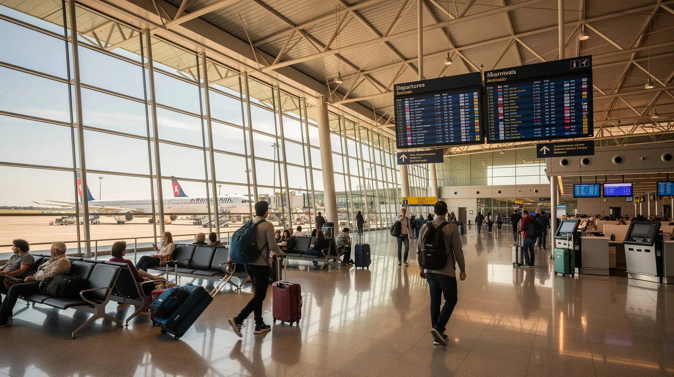 The image depicts an international terminal at an airport, bustling with travelers from various foreign countries, showcasing a diverse atmosphere. Signs in multiple languages and duty-free shops are visible, illustrating the global nature of air travel and the importance of understanding foreign earned income exclusions for expatriates.