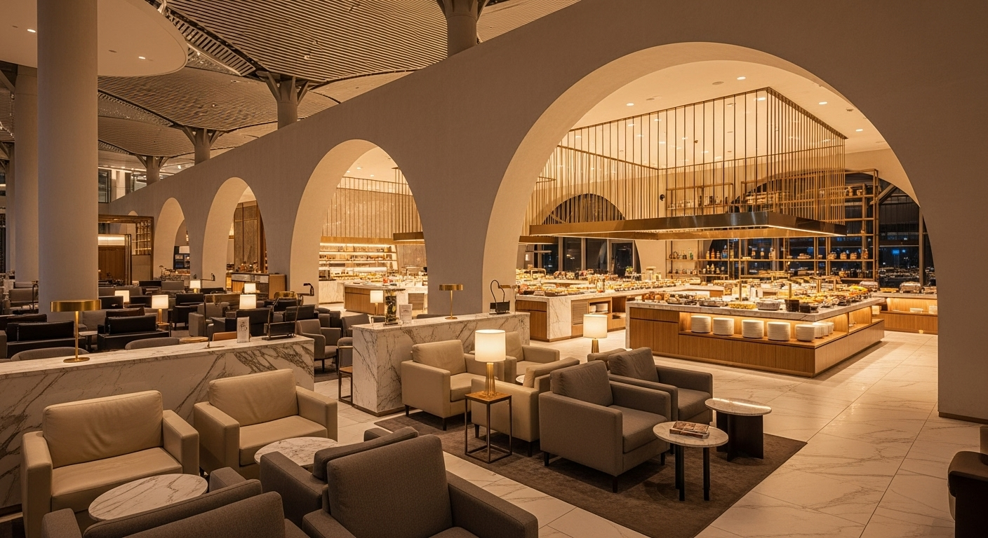 Spacious Turkish Airlines business lounge at Istanbul Airport with warm lighting, elegant seating, and modern architectural details.