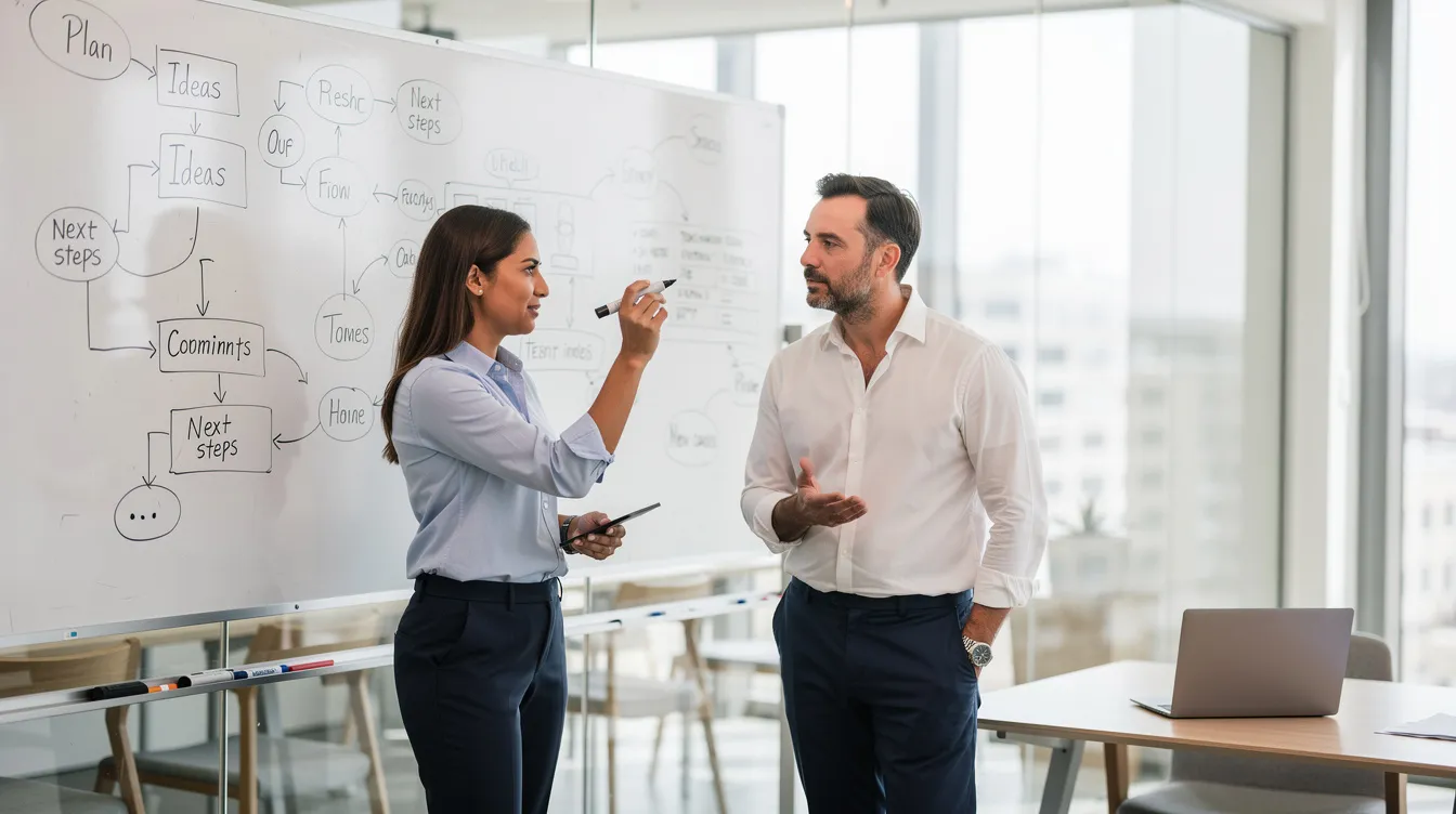 Deux personnes discutent de manière constructive devant un tableau blanc dans un bureau lumineux, illustrant l'importance du leadership et des compétences en management pour guider une équipe vers l'atteinte des objectifs. Cette scène reflète un environnement de travail collaboratif où les idées et la stratégie sont partagées.