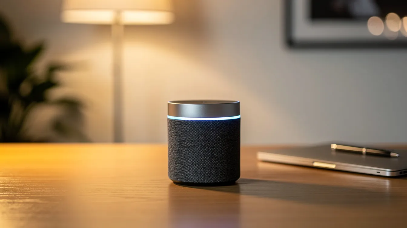 A smart speaker device sits on a desk, illuminated by soft ambient lighting, creating a modern and inviting workspace. This image reflects the integration of technology into daily life, emphasizing the importance of digital marketing strategies for enhancing online visibility and search engine optimization.