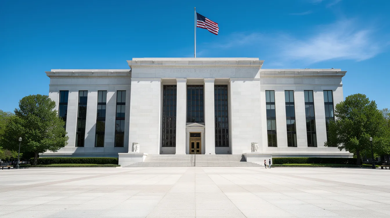 The image shows the exterior of the Federal Reserve building in Washington D.C. on a clear day, featuring its grand architectural design, which serves as a crucial institution in determining interest rates and the federal funds rate that impacts financial institutions and the economy.