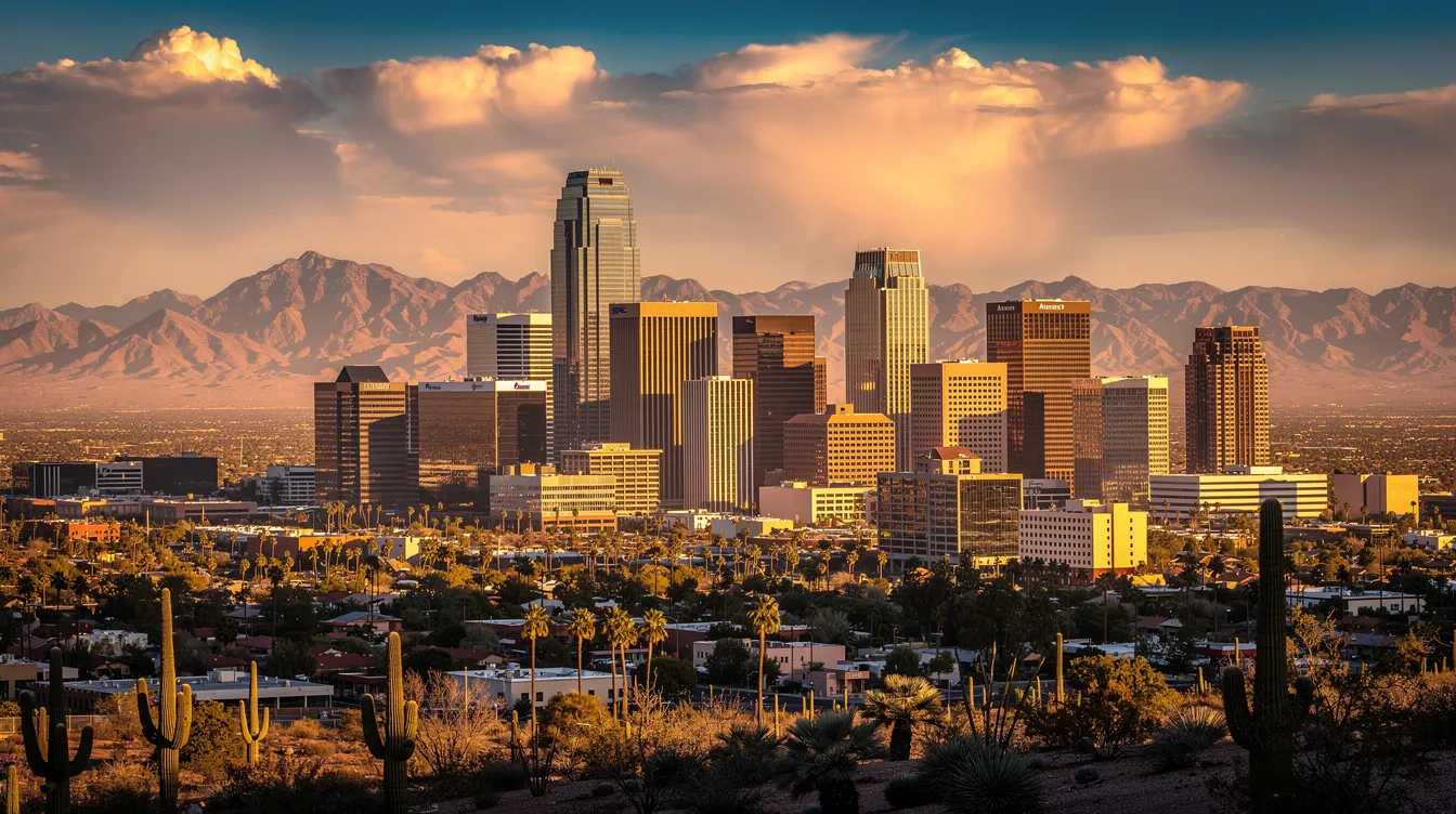 The image captures the vibrant downtown skyline of Phoenix, Arizona, illuminated by the warm hues of sunset, with majestic desert mountains rising in the background. This picturesque scene reflects the beauty of the city, which is home to various charitable organizations and offers tax benefits for charitable contributions.