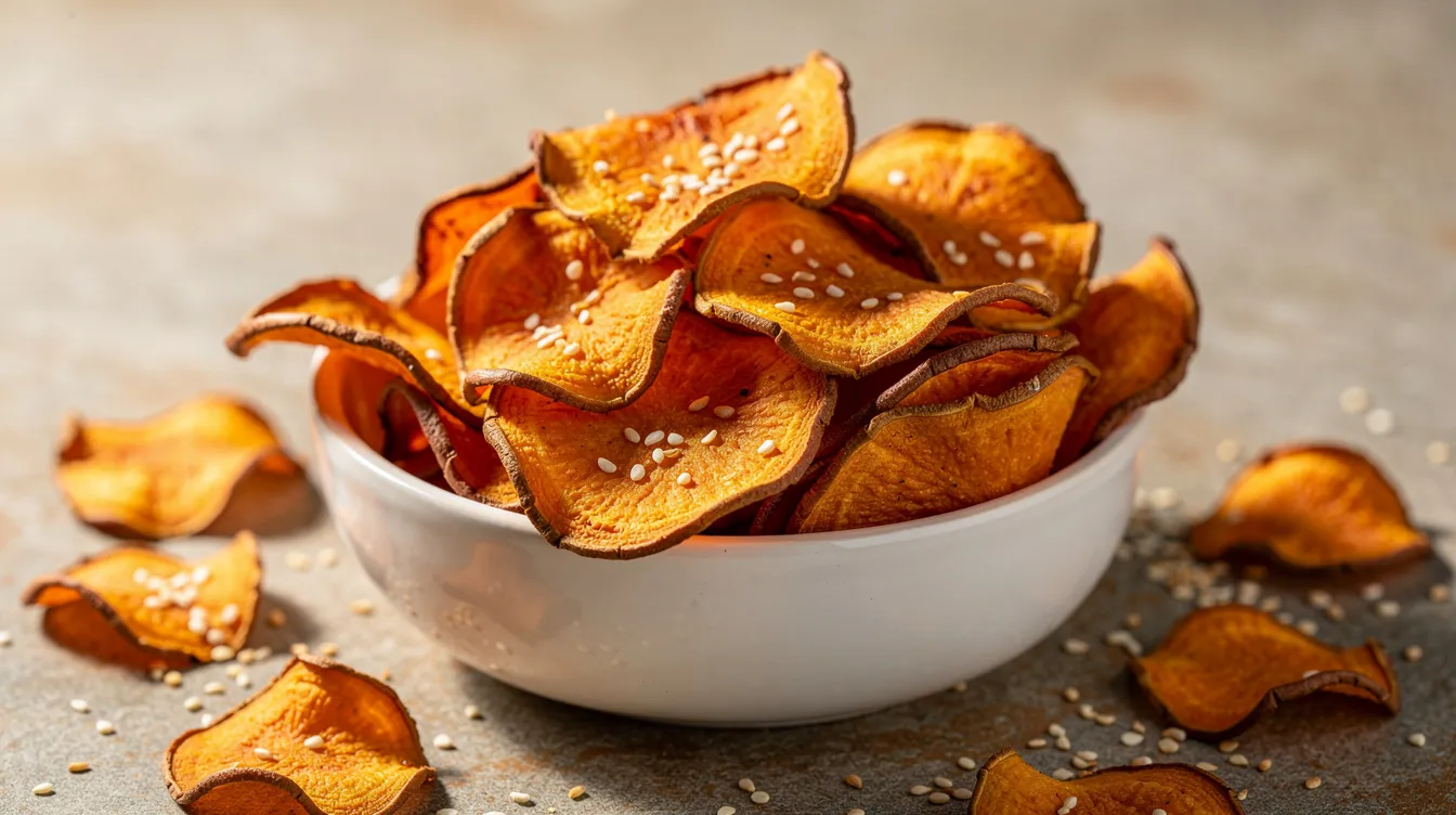 A ceramic bowl filled with golden sweet potato chips is surrounded by scattered sesame seeds, creating a visually appealing and crunchy healthy snack option. These chips offer a satisfying crunch, making them a great choice for on-the-go snacking or as a part of balanced snack ideas.