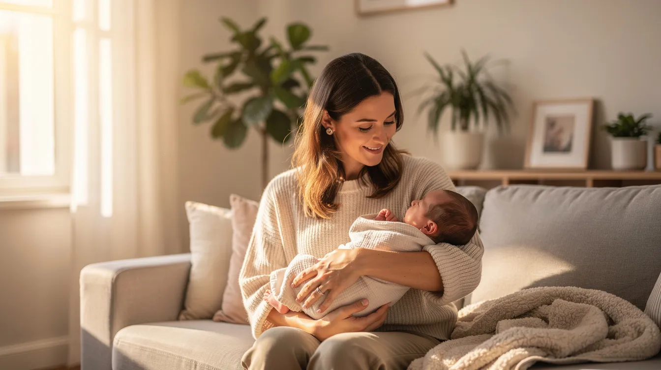 A mother is gently holding her infant in a serene home setting, illuminated by soft natural light, symbolizing the nurturing bond of breastfeeding. This peaceful moment highlights the importance of human lactation and the benefits of breast milk for the baby&rsquo;s development.