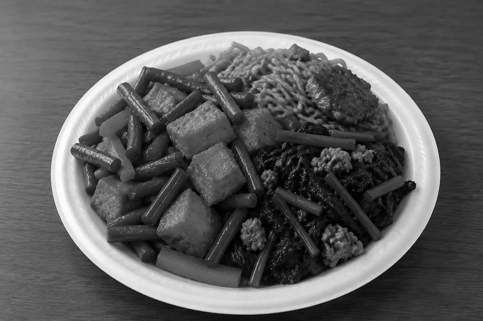 A vegetarian meal featuring plant-based ingredients prepared without meat or strong aromatics.