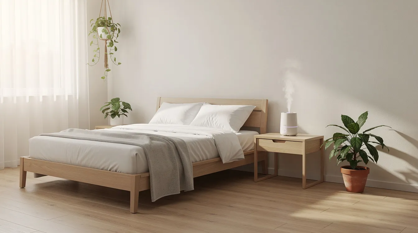 A minimalist bedroom features a small humidifier on a nightstand, surrounded by vibrant green plants, all bathed in soft morning light. This serene setting promotes skin hydration, helping to combat dehydrated skin and maintain a healthy glow.