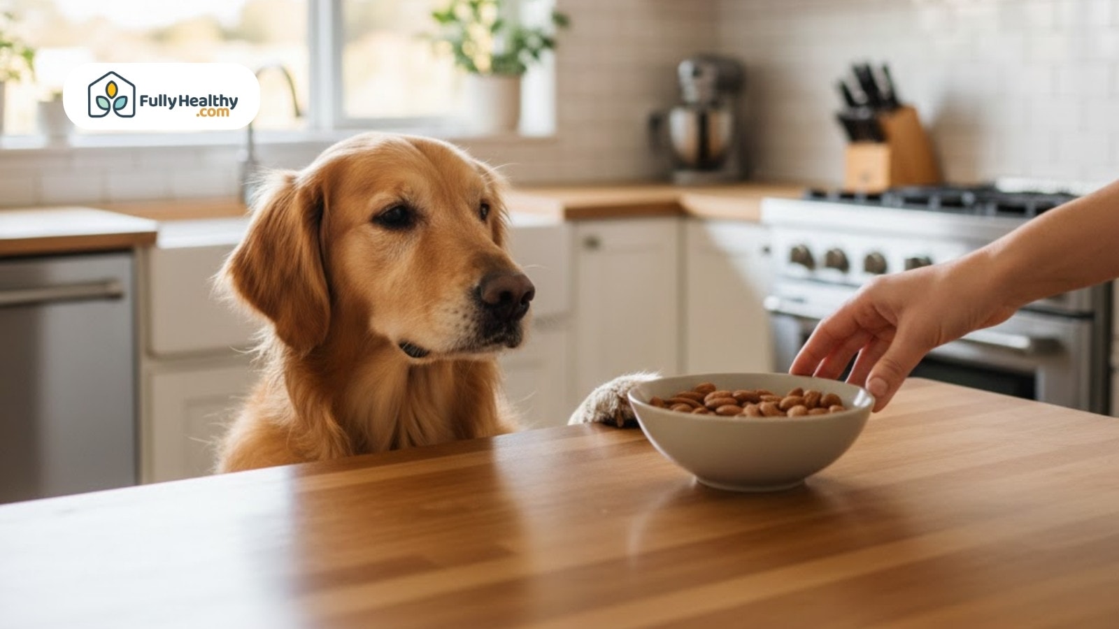 Golden retriever watching bowl of almonds placed on kitchen counter