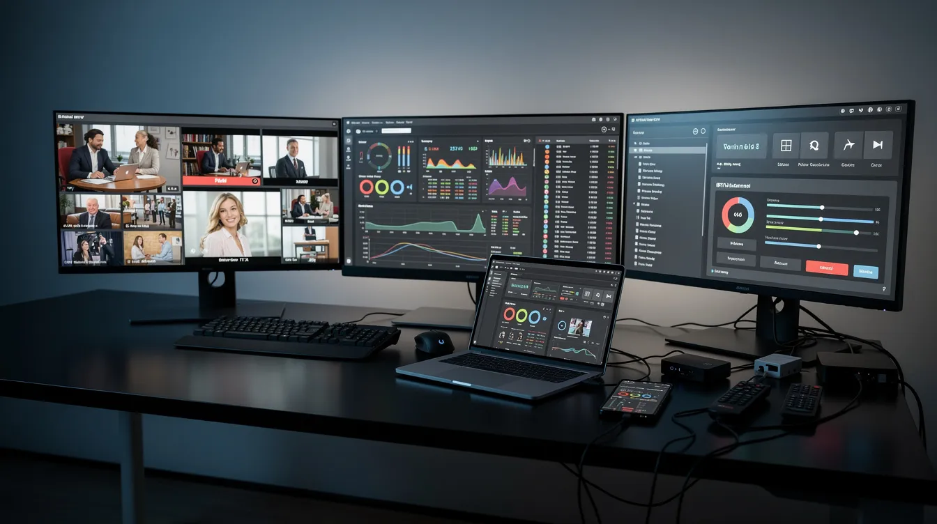 The image depicts a professional IPTV testing workstation featuring multiple screens that display live TV channels, streaming quality metrics, and playback controls. The modern desk is equipped with a laptop, smartphone, and various streaming devices, showcasing a comprehensive setup for evaluating IPTV services and subscriptions.