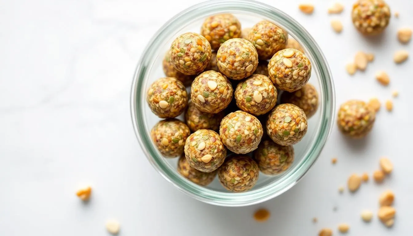 A container filled with freshly made hemp power bites ready for storage.