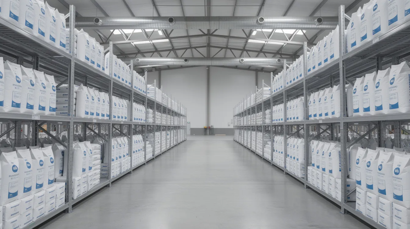 2332f29c 35cd 411e bb16 657f5f4ac863 The image shows neatly stacked bags of milk powder in a clean warehouse, organized on metal shelving, highlighting the efficient storage practices within the milk powder manufacturing industry. This setting reflects the importance of quality assurance and operational efficiency in the dairy processing sector.