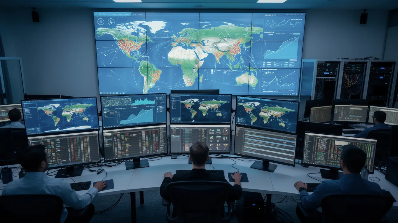 The image depicts a busy network operations center filled with multiple screens displaying real-time data monitoring, including call detail records and diagnostics related to Cisco Unified Communications. Technicians are actively analyzing the data for effective call management and performance monitoring.