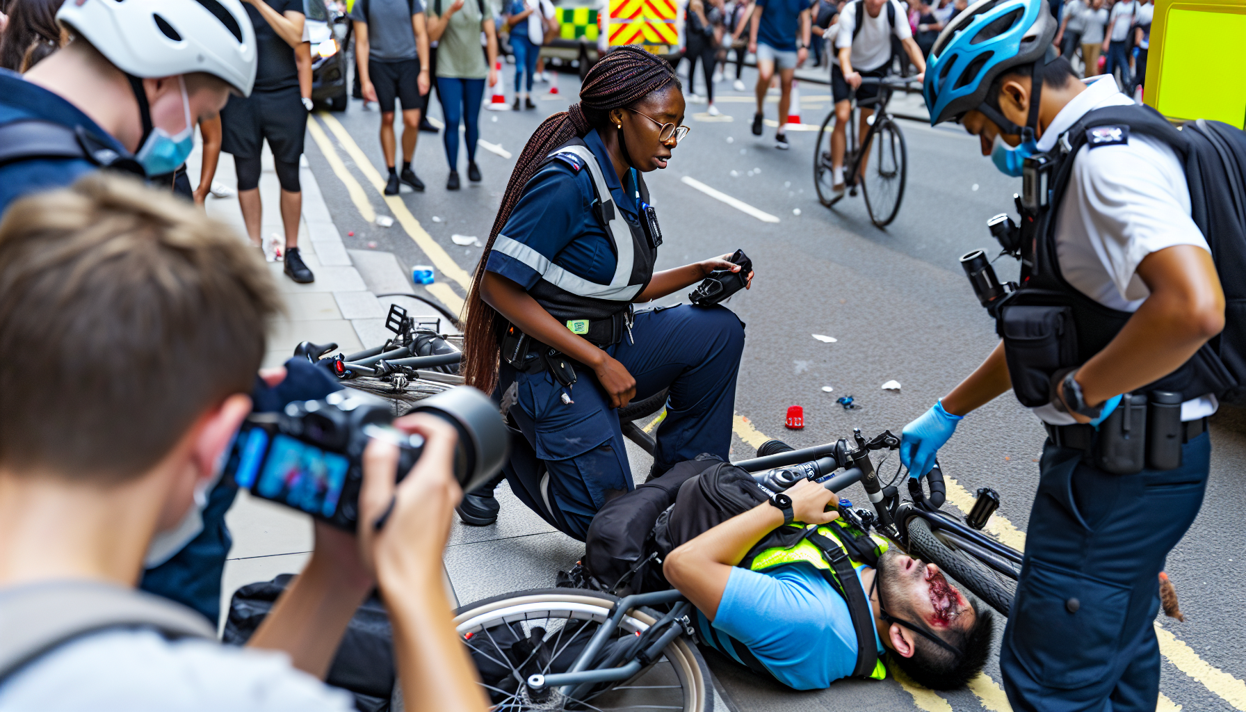 Emergency response team assisting injured cyclist