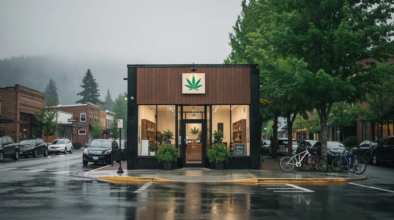 The image depicts the exterior of a cannabis retail storefront located on a tree-lined street in a Pacific Northwest town, showcasing a welcoming atmosphere for customers interested in legally purchasing cannabis products. The shop is likely to offer a variety of items, including hemp-derived products and thca flower, in compliance with state cannabis regulations.