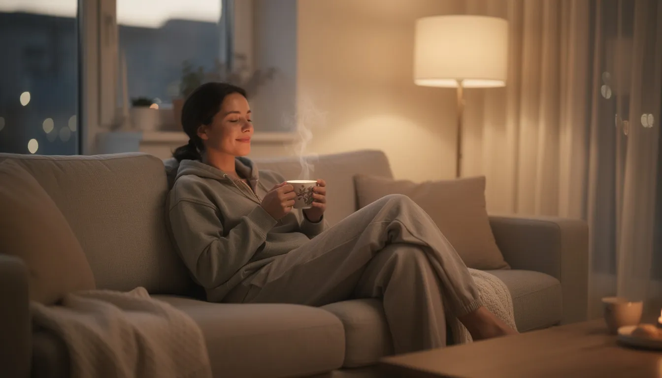 Eine entspannte Person sitzt auf einem bequemen Sofa und hält eine Tasse Tee in der Hand, während sie den Blick in die Ferne schweifen lässt. Die Atmosphäre strahlt Ruhe und Genuss aus, ideal für eine Auszeit vom Alltag.