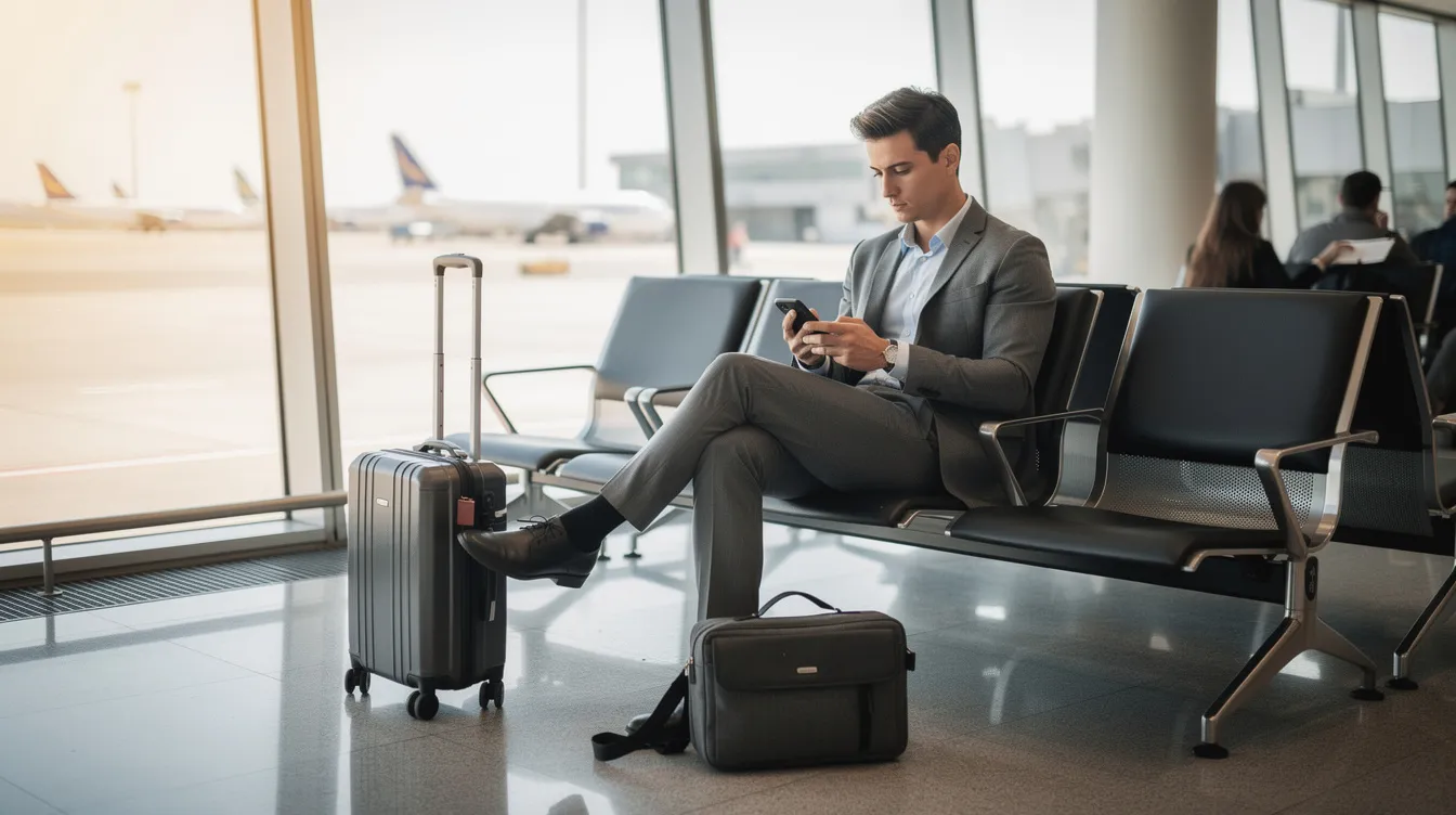 A young professional stands at an airport departure gate, focused on their smartphone while a piece of luggage rests nearby. The scene captures the essence of travel and modern connectivity, highlighting the convenience of managing tasks on-the-go, similar to how individuals might apply for a personal loan or check their loan approval status online.