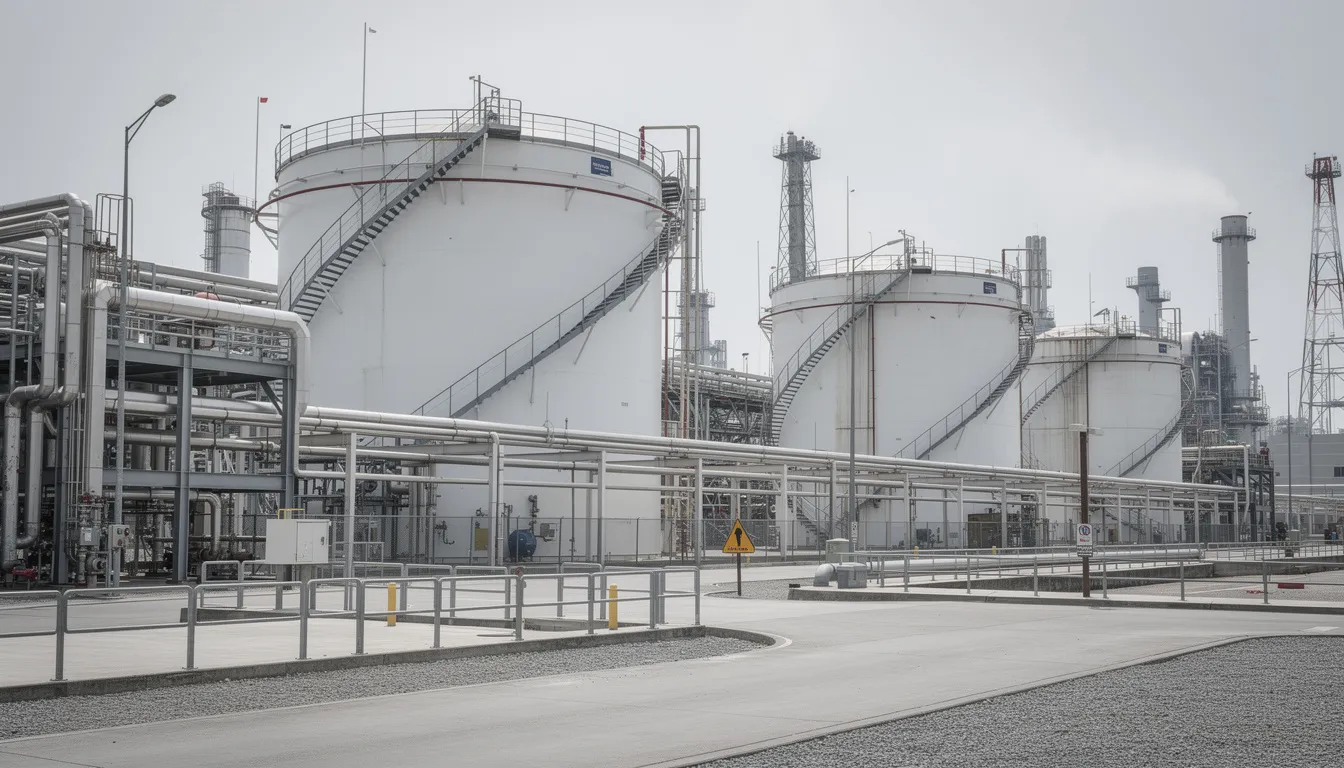 The image depicts a large industrial refinery featuring multiple storage tanks and extensive piping systems, highlighting a complex environment where workplace injuries can occur. Such settings often necessitate the expertise of workplace accident lawyers to assist injured workers in navigating workers compensation claims and seeking fair compensation for medical expenses and lost wages.