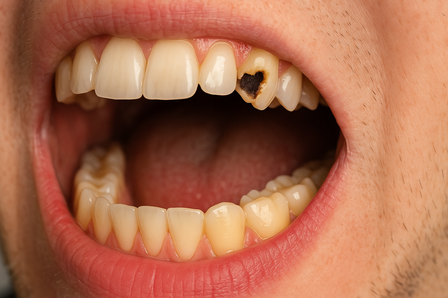 Hull i Tennene: Det Starter Lite, Men Slutter Stort 16 Nærbilde av munn med tydelig hull i en tann, viser mørk misfarging og skade på overflaten, omgitt av sunne tenner og tannkjøtt.