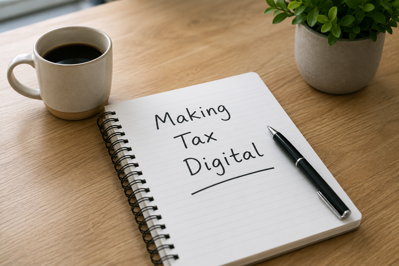 Official HMRC penalty notice on a wooden desk with a calculator, notebook and pen, representing the potential consequences of missing Making Tax Digital reporting requirements.
