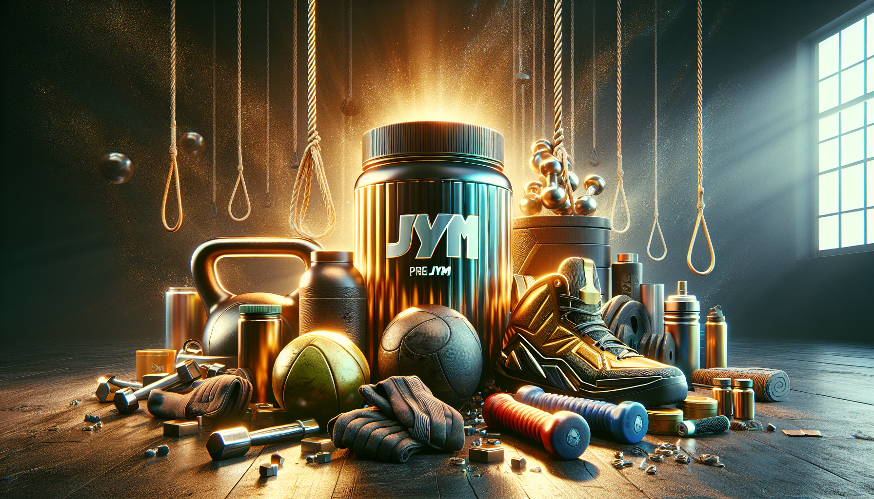 Jym Pre Jym Container Surrounded By Various Fitness Equipment