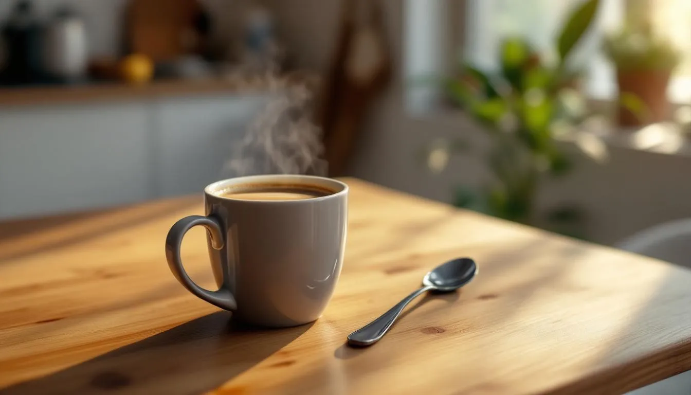 A steaming cup of coffee sits on a wooden table, surrounded by a cozy atmosphere that suggests it's perfect for night shift workers looking to maintain their energy levels. The rich aroma of the coffee symbolizes a comforting ritual that helps many shift workers combat sleep disturbances and stay alert during their work shifts.