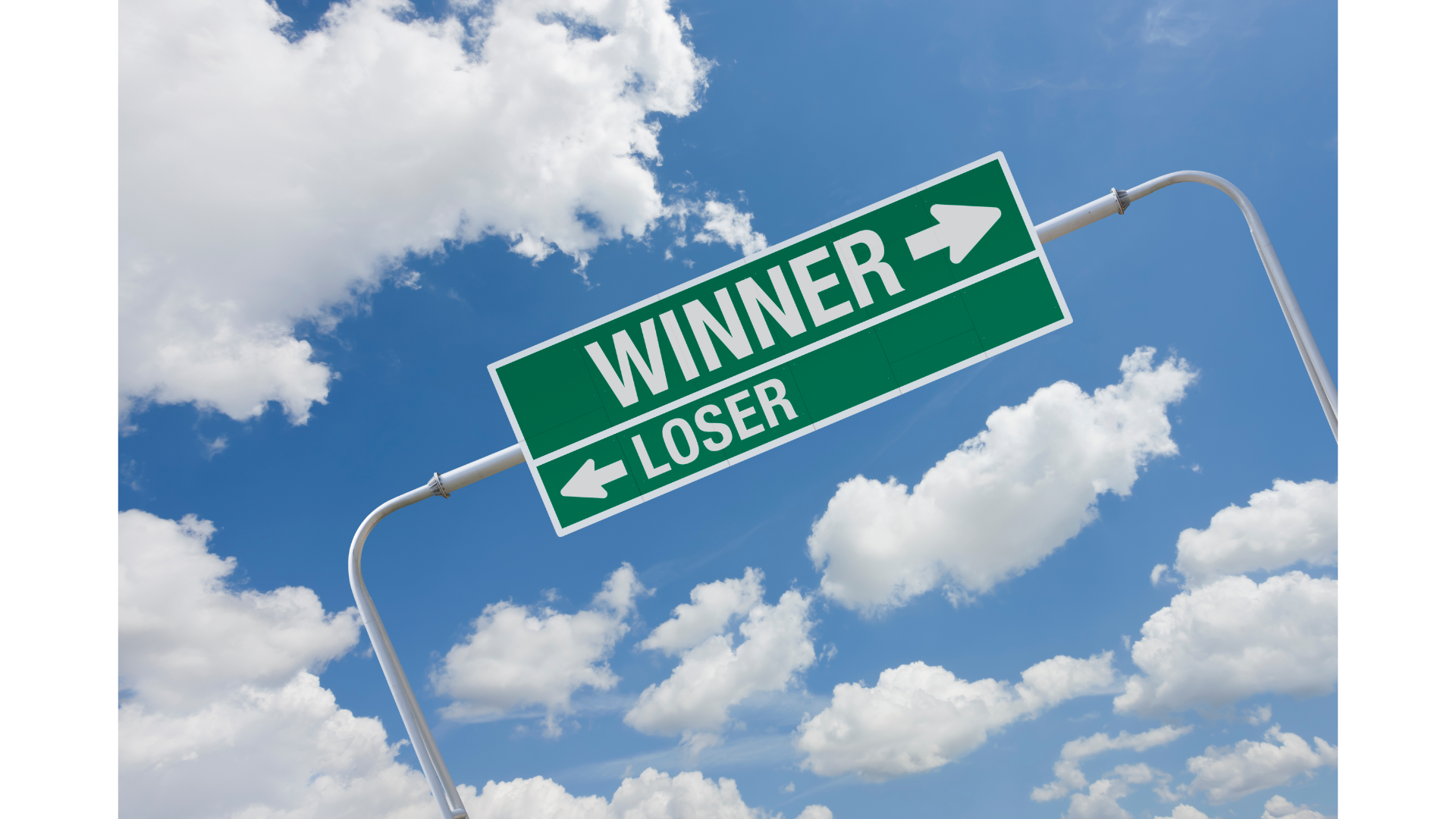 green highway sign with exit for winners and losers. winner sign points upward, loser sign points low