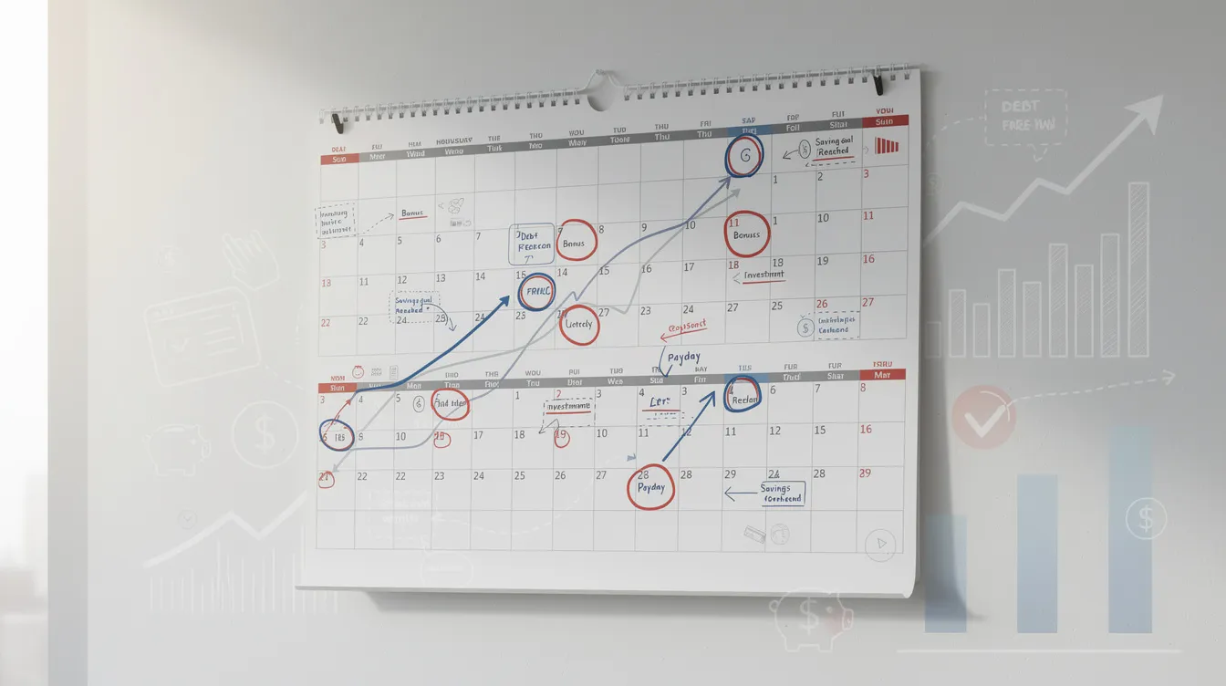 The image depicts a calendar with various dates highlighted, indicating important financial milestones and the passage of time. It serves as a visual representation of managing personal finances, including aspects like 清 數 and 還款 期, emphasizing the importance of tracking financial progress.